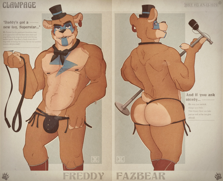 1boy anthro ass athletic athletic_anthro athletic_male bedroom_eyes big_butt black_nose blue_eyes bodily_fluids bodypaint bow_tie clothed clothing countershade_butt countershade_face countershade_torso countershading ear_piercing ear_ring fangs five_nights_at_freddy's five_nights_at_freddy's:_security_breach front_view furry glamrock_freddy_(fnaf) hat headgear headwear hi_res holding_object jockstrap jumpy_jackal leash legwear looking_at_viewer looking_back magazine male male_only mammal markings microphone mostly_nude muscular muscular_male musk narrowed_eyes navel nipples partially_clothed pecs piercing pinup pose rear_view ring_piercing scottgames scut_tail seductive short_tail smile smiling_at_viewer solo sweat tassles text thumb_in_waistband top_hat topwear underwear undressing ursid video_games