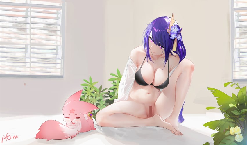 bar_censor bare_shoulders bikini black_bikini black_bra bra breasts censored cleavage female full_body genshin_impact highres large_breasts long_hair midriff navel off_shoulder omone_hokoma_agm on_bed purple_eyes purple_hair pussy raiden_shogun shirt sitting solo swimsuit thighs underwear white_shirt yae_miko yae_miko_(fox)