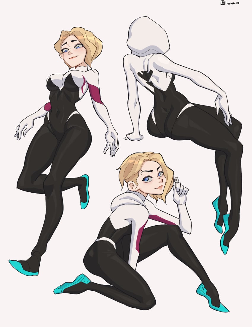 1girls ass blonde_hair blue_eyes breasts eyebrow_piercing female female_only gwen_stacy hi_res hyyun marvel marvel_comics skin_tight solo solo_female spider-gwen spider-man:_into_the_spider-verse superheroine thighs white_background