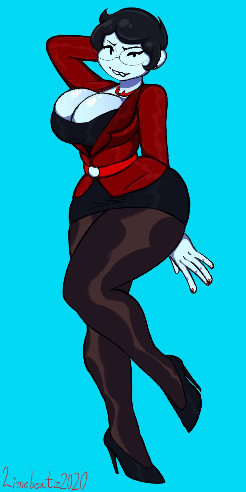 1girls 2020 ass black_hair blue_background breasts buckteeth cleavage clothing collar earrings glasses high_heels homestuck homestuck^2 jane_crocker limebeatzafterdark looking_at_viewer ms_paint_adventures red_dress red_nails short_hair solo uniform white_skin