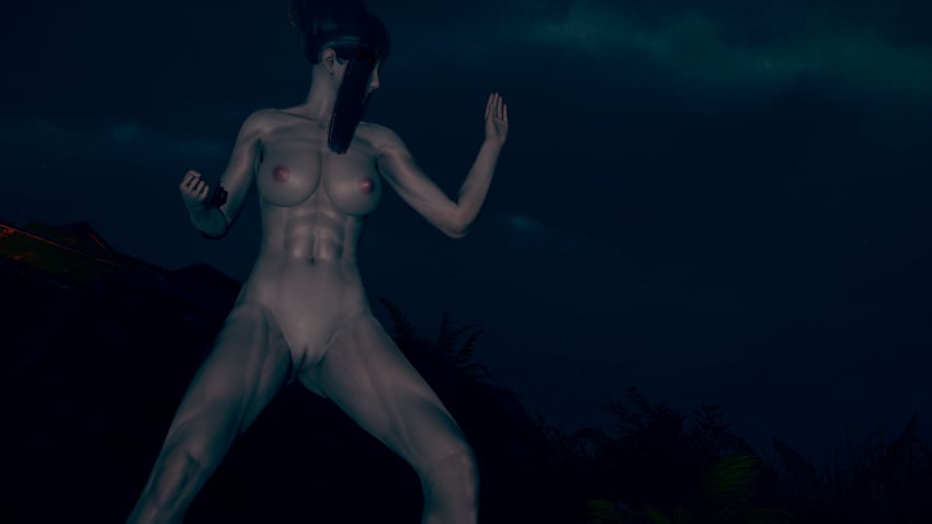 3d abs ass back_muscles barefoot breasts completely_nude effineffer honey_select kazumi_mishima muscular_female night nipples nude outdoors shiny_skin sweat tekken tekken_7 training