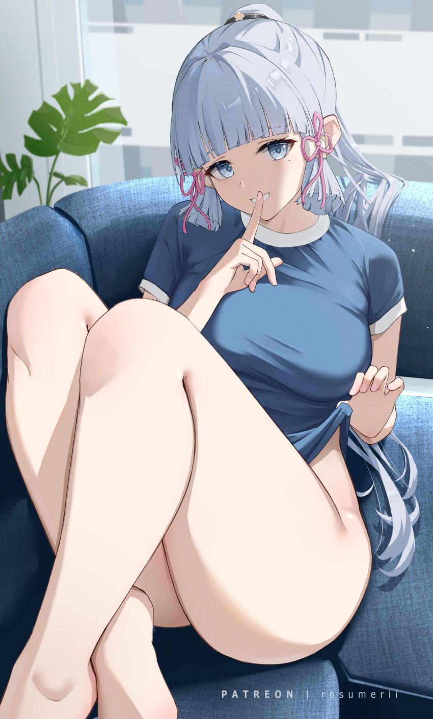 1girls bare_legs bare_thighs barefoot blue_eyes bottomless breasts couch feet female female_only genshin_impact hi_res kamisato_ayaka large_breasts living_room looking_at_viewer mihoyo mole mole_under_eye naughty_face no_panties on_couch pale-skinned_female pale_skin ponytail pov rosumerii shirt shirt_lift shushing smile teasing thick_thighs thighs white_hair