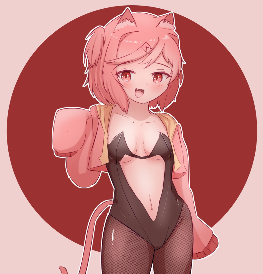 :3 beconing blush blush_lines breasts cat_ears cat_girl cat_humanoid cat_tail catgirl cleavage collarbone cowboy_shot doki_doki_literature_club fangs female female_focus female_only fishnet fishnet_legwear fishnet_stockings fishnets hair_ornament jacket leotard long_sleeves midriff_cutout natsuki_(doki_doki_literature_club) navel navel_line oerba_yun_fang pink_eyes pink_hair seductive seductive_smile short_hair small_breasts smaller_female smirk smirking theartistaurora thighs vagina_visible_through_clothing waving waving_at_viewer wide_hips