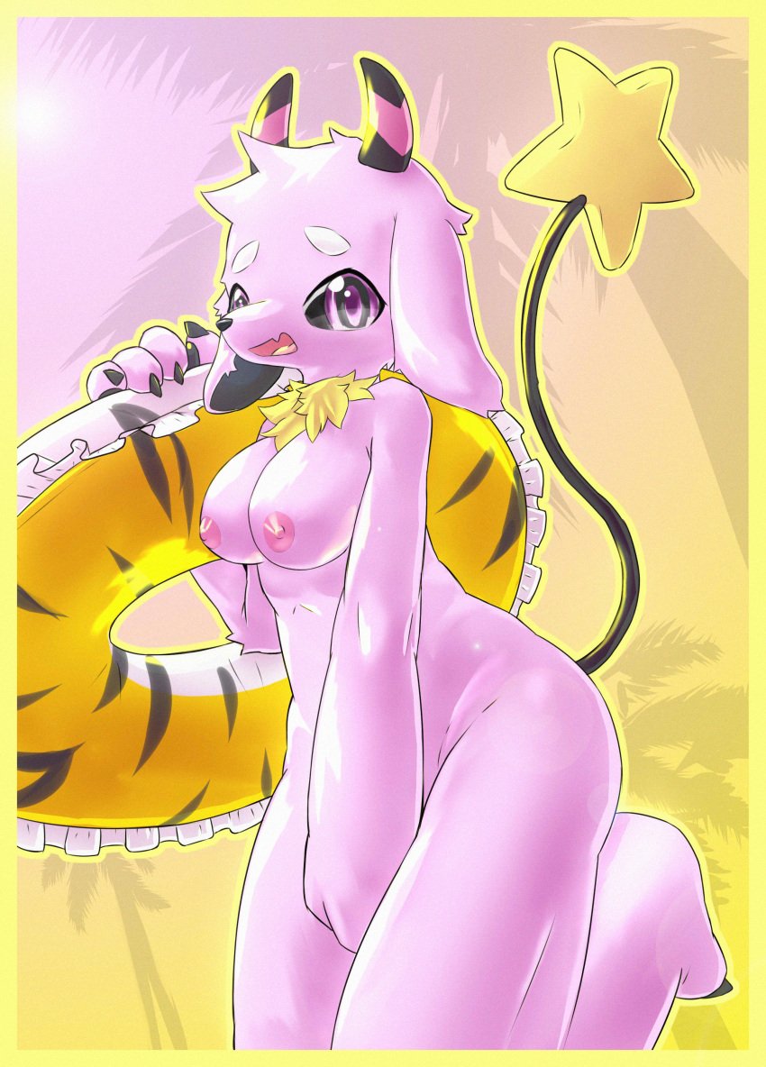 2022 absurd_res animal_print big_breasts breasts covering covering_crotch covering_pussy embarrassed exhibitionism female hair hi_res lentocn long_hair looking_at_viewer nipples original_characters outside sh2-190 solo standing swim_ring tiger_print