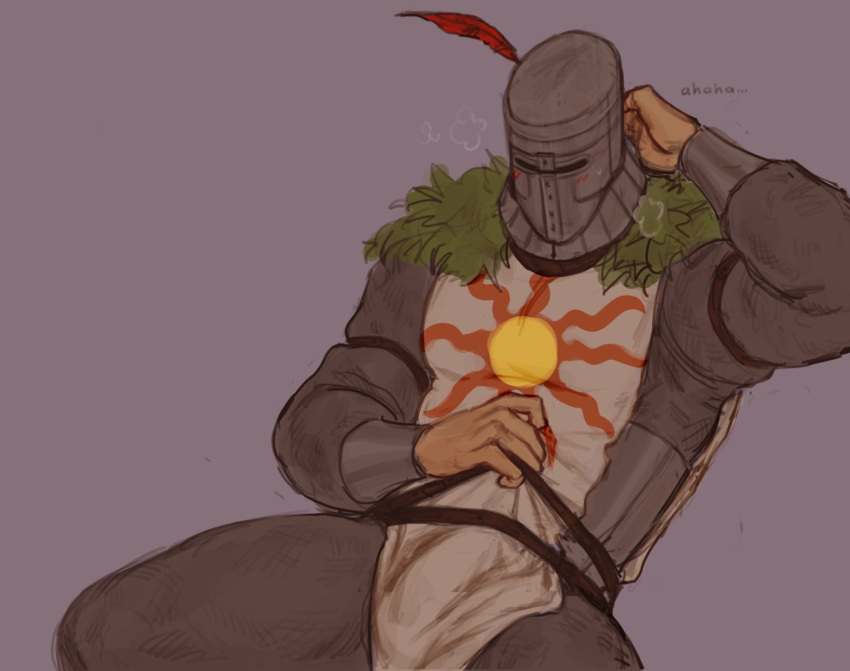 armor blush breath bulge dark_souls embarrassed erection_under_clothes fromsoftware fully_clothed helmet imlooking knight leaning_back male male_only nervous reclining sitting solaire_of_astora solo sweatdrop