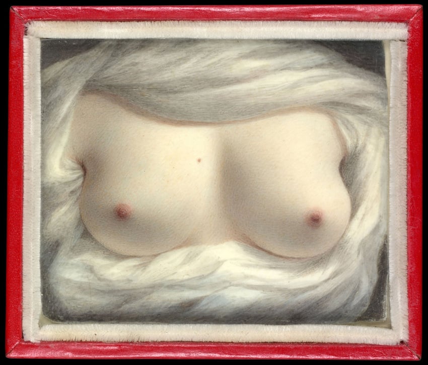 1828 1girls 2d beauty_revealed breast_focus breasts female female_only fine_art framed_picture head_out_of_frame massachusetts medium_breasts nipples open_clothes painting_(artwork) pale-skinned_female pale_skin public_domain sarah_goodridge self_insert straight_hair traditional_media_(artwork)