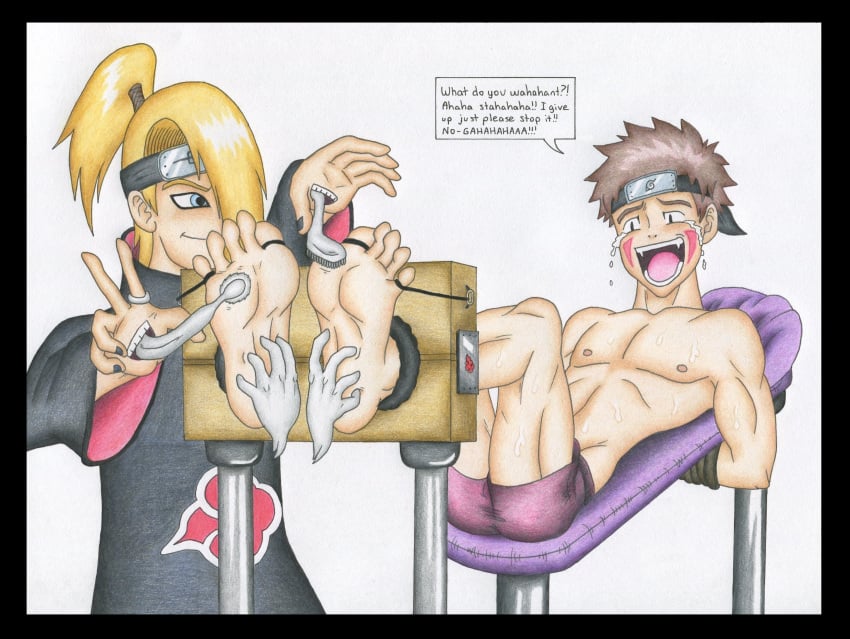 2boys begging blonde_hair blue_eyes bondage brown_hair brush clay deidara hands_behind_back headband inuzuka_kiba male male_only naruto naruto_shippuden stocks sweating tears tickle_torture tickling toes_tied trueticklefanatic