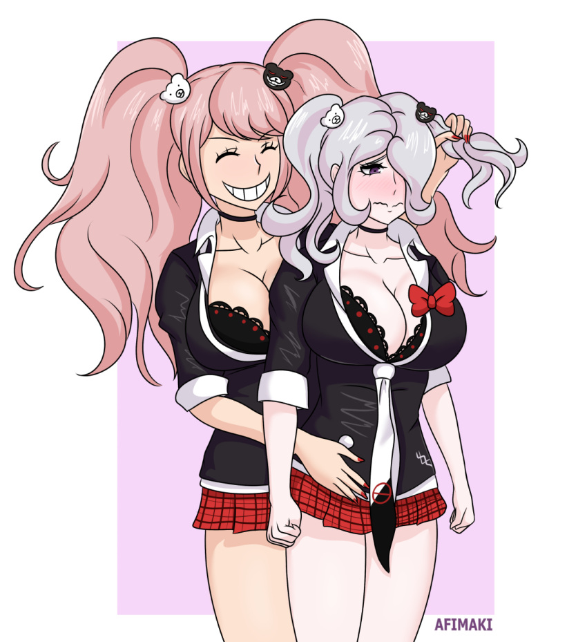 afimaki black_bra blush bra breasts cleavage danganronpa danganronpa:_trigger_happy_havoc danganronpa_1 danganronpa_3 junko_enoshima kimura_seiko large_breasts picot_trim picot_trim_bra straight_hair wearing_others_clothes