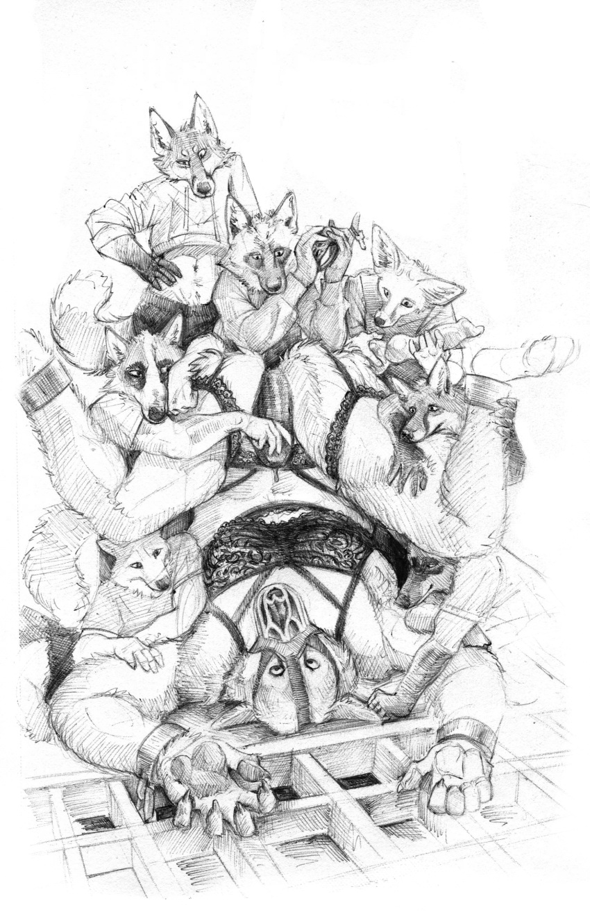 2023 absurd_res angry anthro arctic_fox ass balls black_and_white bondage bondage bottomwear bound bulge butt_tuft canid canine canis chains chastity_cage chastity_device clothed clothing crop_top cuffs_(clothing) dildo dominant dominant_male erection fennec fox fur genitals girly grope group hi_res key knot larger_male leg_grab legs_up lingerie looking_down looking_up lying male male/male mammal momamo monochrome multiple_doms_one_sub muscular muscular_male muzzle_(object) on_back penis penis_grab red_fox sex_toy shirt silver_fox simple_background size_difference small_dom_big_sub smaller_male spread_legs spreading standing submissive submissive_male tail topwear traditional_media_(artwork) tuft underwear wolf