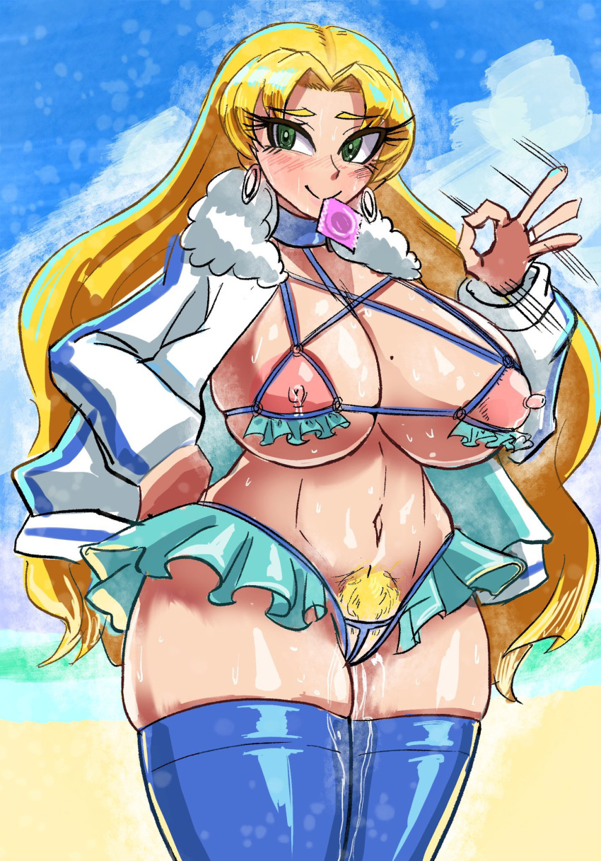 1girls beach blonde_female blonde_hair breasts condom female green_eyes kalinka_cossack kyle-v2 mega_man mega_man_xover pubic_hair pussy_juice smile solo thick_thighs thighhighs