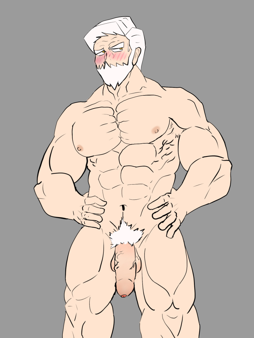 balls bara beard blush buffbandito drayden facial_hair gay male male_only muscles muscular nintendo npc_trainer penis pokemon solo solo_male uncircumcised uncut white_hair