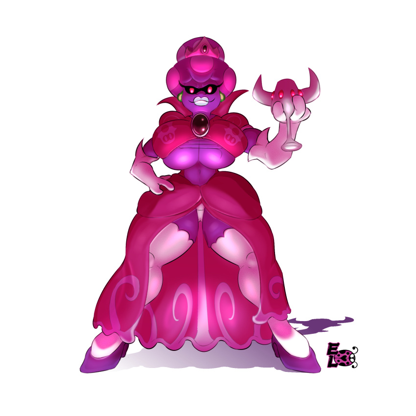 1girls 2022 3_fingers alien alien_girl big_breasts chalice crown elisalevin gloves high_heels high_resolution highres holding holding_object huge_breasts mario_(series) mario_and_luigi_(series) mushroom_humanoid nintendo pink_dress princess princess_shroob purple_skin red_eyes shadow simple_background solo stockings thick_thighs transparent_background watermark