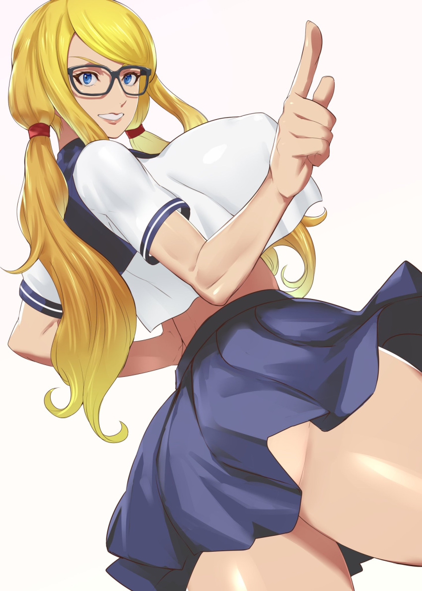 1girls ass blonde_female blonde_hair blue_eyes blue_legwear breasts dat_ass female female_only glasses highres huge_ass huge_breasts ippo large_ass large_breasts legs long_hair muscular muscular_female official_alternate_costume rainbow_mika school_uniform skirt smile solo street_fighter street_fighter_v thick_thighs thighs twintails very_long_hair voluptuous