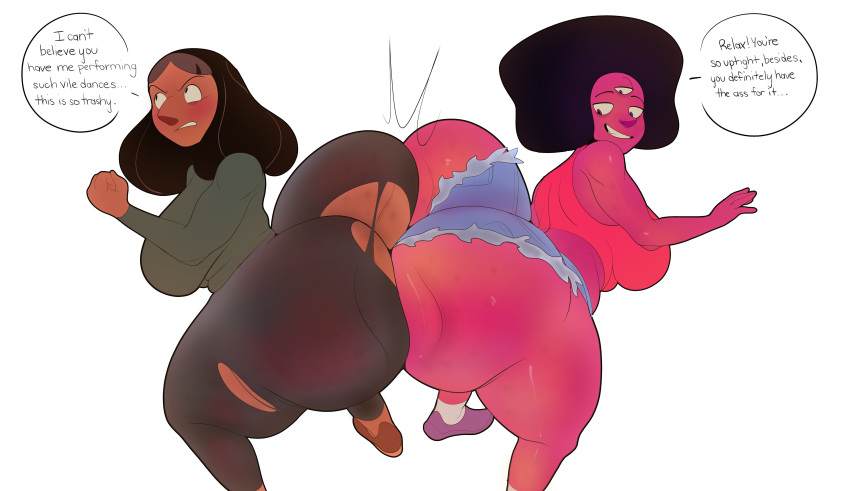 2girls 3_eyes alternate_version_available ass_to_ass barrybbeesly big_breasts black_hair clothed clothing dark-skinned_female dark_skin dialogue embarrassed english_text enormous_ass enormous_butt female female_focus female_only garnet_(steven_universe) gem_fusion huge_ass huge_butt human humanoid mature_female mature_woman milf mother multiple_girls priyanka_maheswaran ripped_clothes ripped_clothing shaking shaking_ass shaking_butt short_jeans speech_bubble steven_universe text thick_thighs topwear twerking voluptuous wide_hips