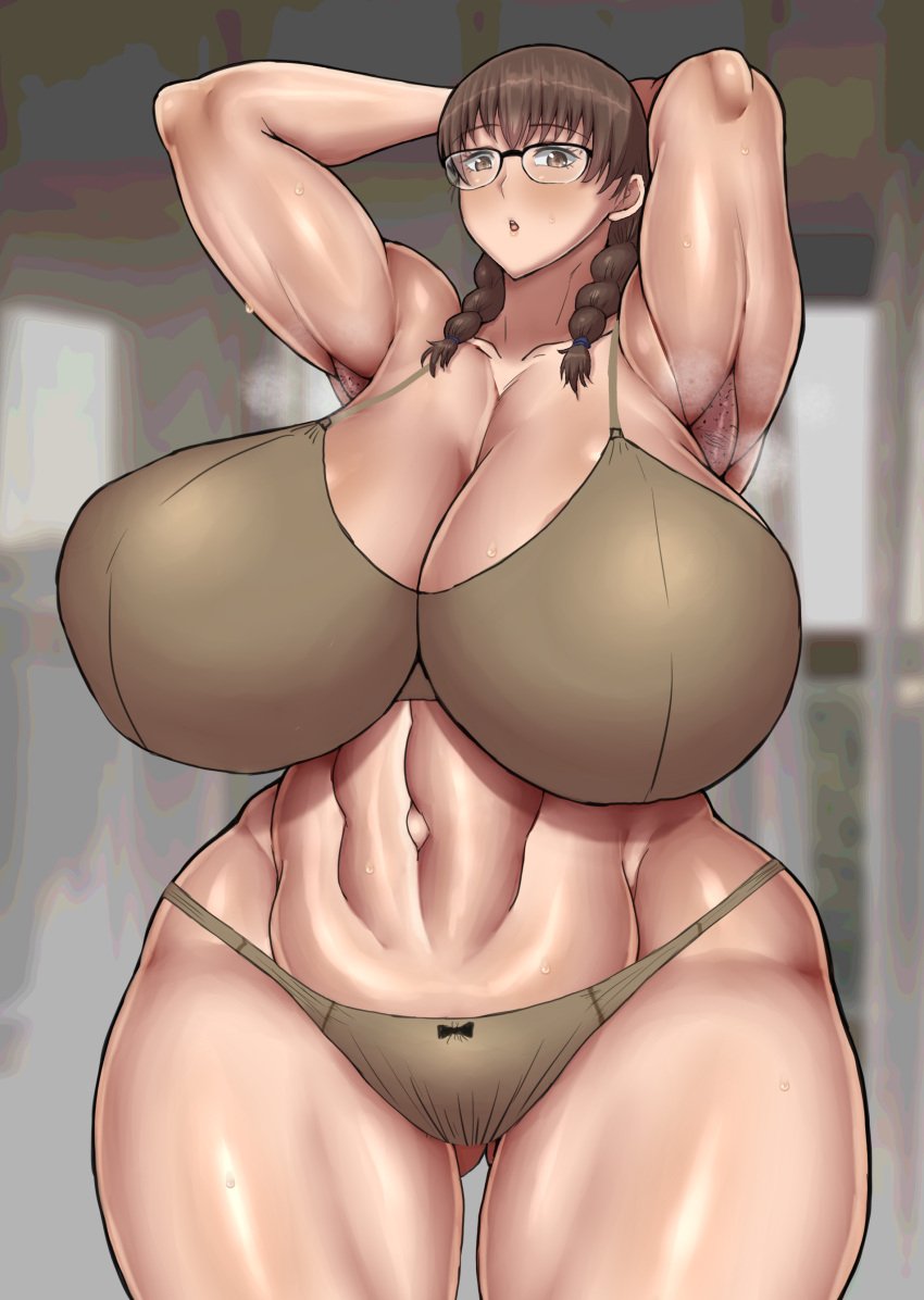 1girls 2d 2d_(artwork) absurd_res absurd_resolution absurdres armpit_hair armpits big_breasts bra braided_hair breasts breasts_outside brown_twintails busty cleavage curvaceous curvy curvy_body curvy_female curvy_figure enormous_breasts female female_focus glasses huge_breasts large_breasts long_twintails massive_breasts minako_(ponkotsuu) original original_character over_1080p over_2160p over_480p ponkotsuu slim_waist thick_thighs thighs twintails twintails_(hairstyle) venus_body very_high_resolution voluptuous wide_hips