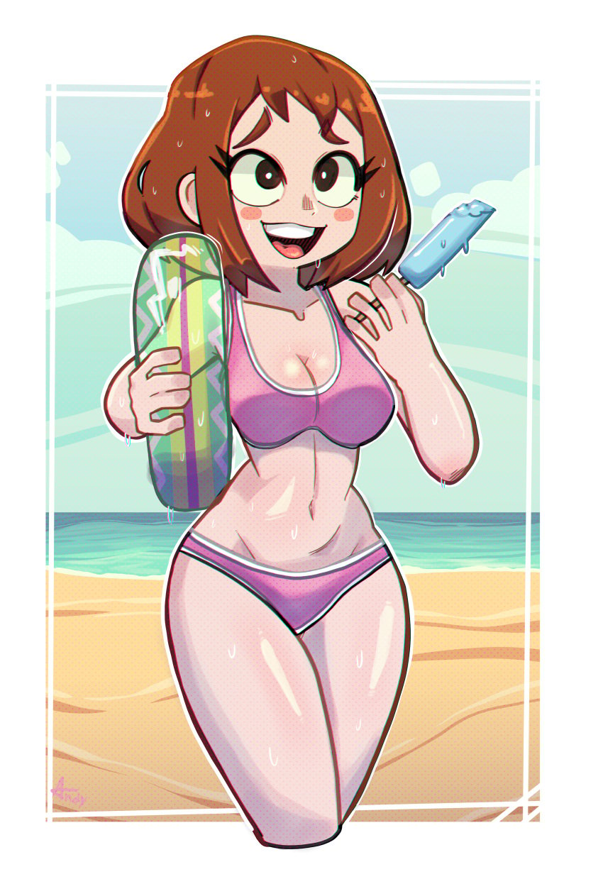 1girls andoryu beach bikini blush breasts brown_eyes brown_hair inner_tube medium_breasts midriff my_hero_academia ochako_uraraka open_mouth outdoors popsicle smile sweat swimsuit thighs wet wet_hair wide_hips