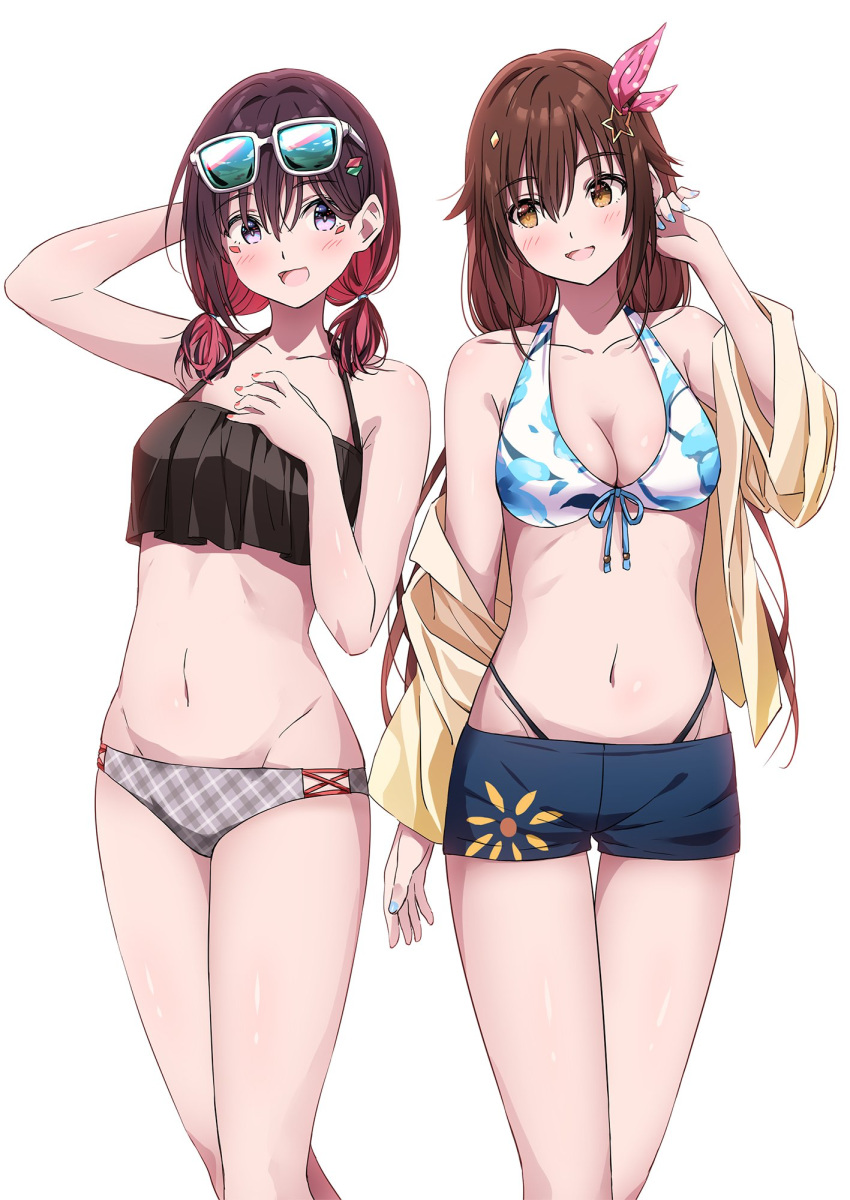 2d 2d_(artwork) 2girls azki azki_(hololive) bare_legs bare_midriff bikini bikini_bottom bikini_top blush cleavage female female_focus female_only hi_res hololive hololive_gen_0 hololive_japan legs long_hair midriff narumi short_hair shorts simple_background smile smiling sunglasses sunglasses_on_head swimsuit swimwear tied_hair tokino_sora toned toned_female twin_braids twintails virtual_youtuber white_background