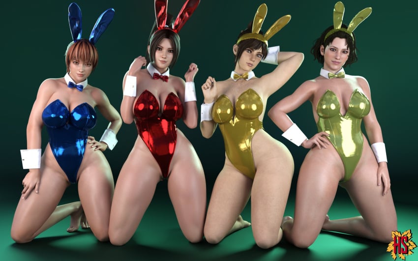 3d 4girls big_breasts bunny_ears bunny_girl bunnysuit dead_or_alive fatal_fury hagiwara_studio handler_(monster_hunter_world) kasumi_(doa) king_of_fighters mai_shiranui monster_hunter monster_hunter_world serious_handler snk the_handler thick_thighs