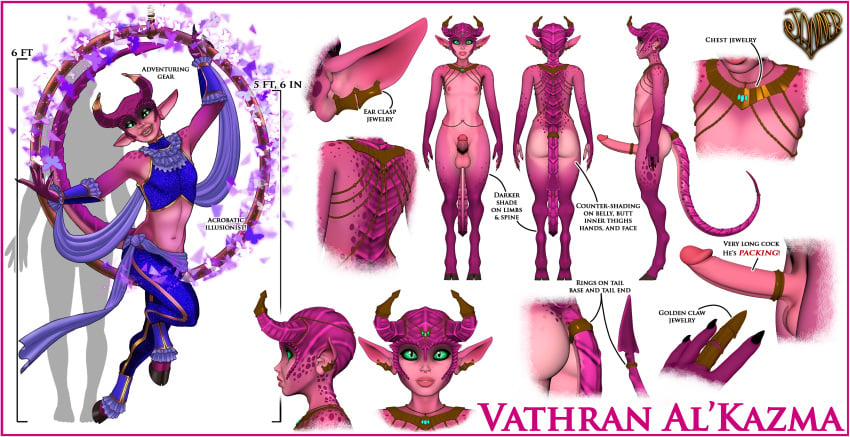 absurd_res chains character_sheet claws clothing demon genitals girly hi_res horn humanoid humanoid_genitalia jessica_anner jewelry long_penis male male_only model_sheet nude penis piercing pink_body pink_skin pupils silk slit_pupils solo spade_tail vathran