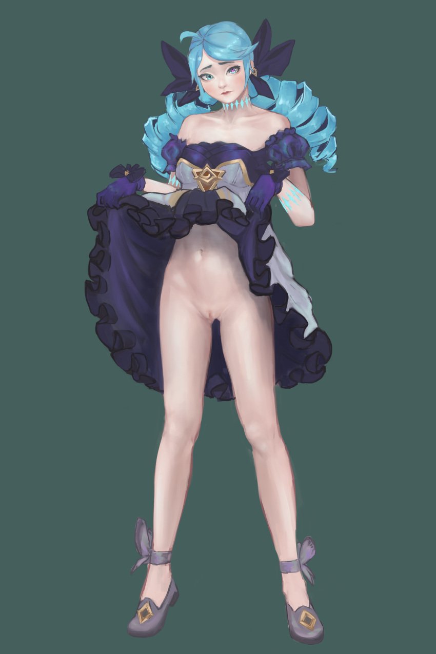 1girls blue_hair breasts clothed dress_lift drill_hair earrings eyelashes eyeliner female female_only gloves gwen_(league_of_legends) league_of_legends lipstick long_hair looking_at_viewer makeup mary_janes medium_breasts nhuahomm_(artist) no_panties petite presenting_pussy pussy ribbon riot_games shaved_pussy shoes simple_background skirt skirt_lift solo standing twin_drills unusual_pupils