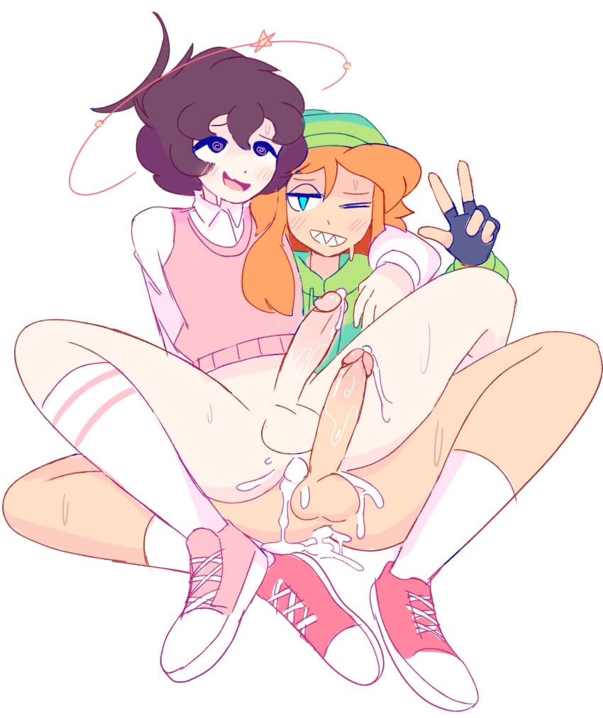 2boys after_sex amaruu balls bottomless brown_hair claude_(amaruu) cum cum_in_ass dizzy femboy femboy_on_femboy gay gloves hung_femboy looking_pleasured male male_only original original_character peace_sign penis sharp_teeth shirt shoes socks splats_(amaruu) sweat yaoi