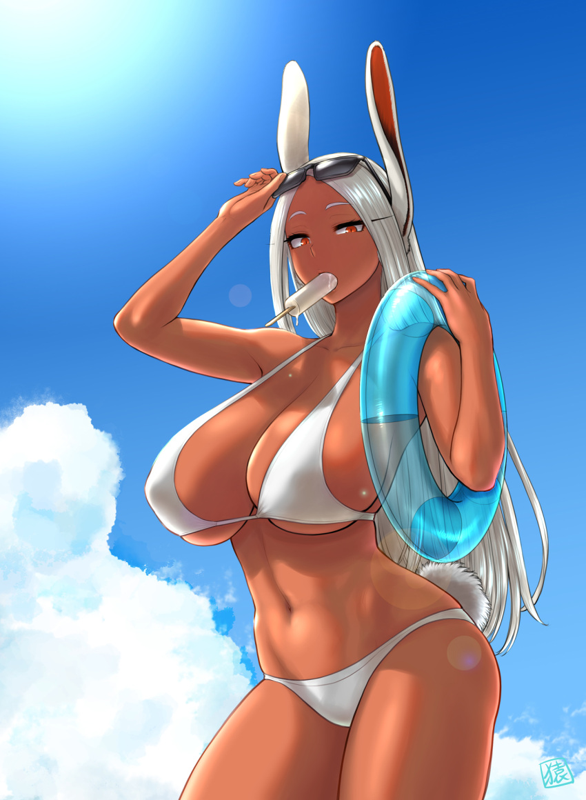 1girls alternate_breast_size big_breasts bikini bikini_bottom bikini_top breasts bunny_ears bunny_girl bunny_tail cleavage dark-skinned_female dark_skin female female_only hair hips huge_breasts long_hair looking_at_viewer miruko my_hero_academia pepsitou popsicle popsicle_in_mouth red_eyes rumi_usagiyama solo solo_female sunglasses sunglasses_on_head swimsuit swimwear white_bikini white_hair