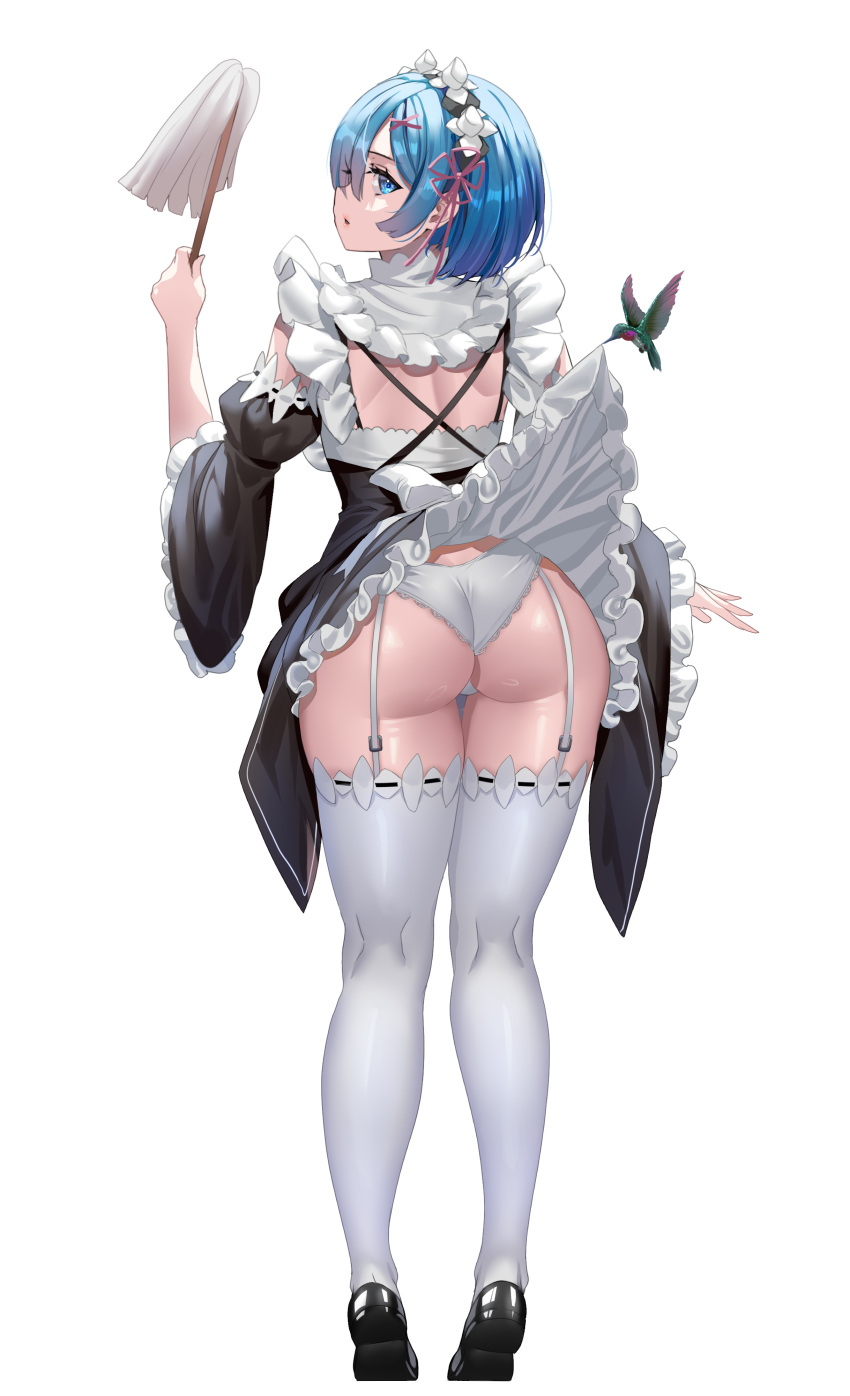 1girls :o absurd_res ass blue_eyes blue_hair bubble_butt enmanuelart20 female female_only garter_straps hair_over_one_eye high_resolution large_ass looking_at_viewer looking_back looking_over_shoulder maid maid_outfit maid_uniform panties re:zero_kara_hajimeru_isekai_seikatsu rem_(re:zero) short_hair skirt_lift thighhighs white_background white_panties