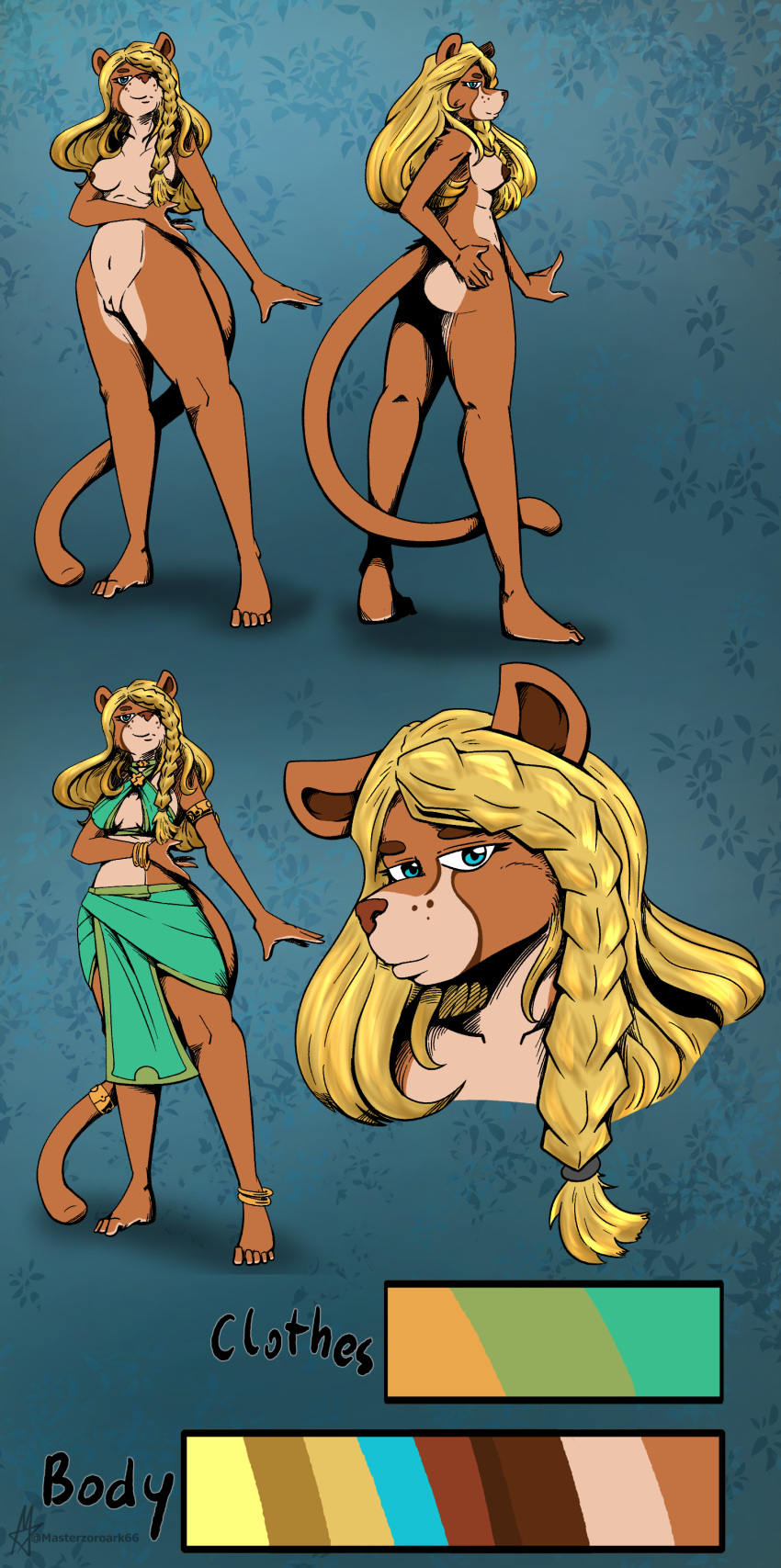 absurd_res accessories blonde_hair clothing felid female hair hi_res lion long_hair mammal masterzoroark666 model_sheet multiple_poses pantherine pose ring robe wavy_hair