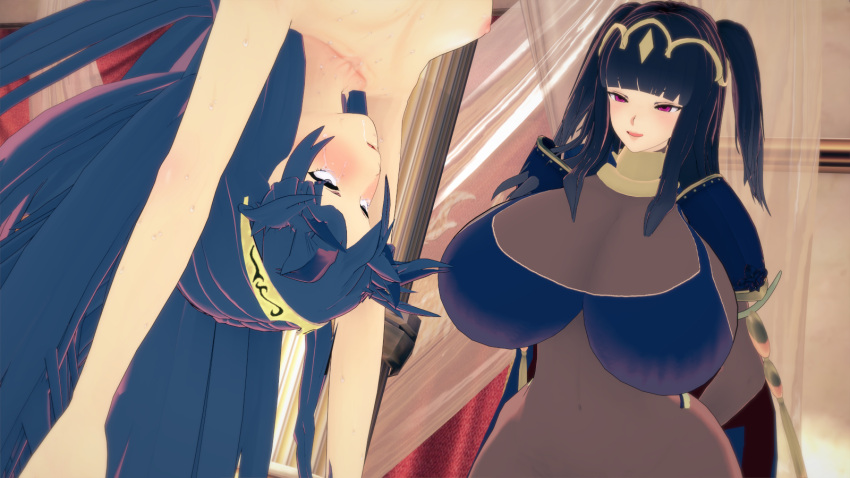 2girls 3d bangs blue_eyes blue_hair blush bodystocking bondage breasts cleavage completely_nude crying crying_with_eyes_open curvy drooling empty_eyes female female_only femdom femsub fire_emblem fire_emblem_awakening full_bodystocking huge_breasts humiliation indoors long_hair lucina_(fire_emblem) magic medium_breasts nintendo nude nude_female open_mouth pink_eyes restrained rhcpftw saliva saliva_trail smile tentacle tharja_(fire_emblem) tiara upside-down voluptuous wide_hips yuri