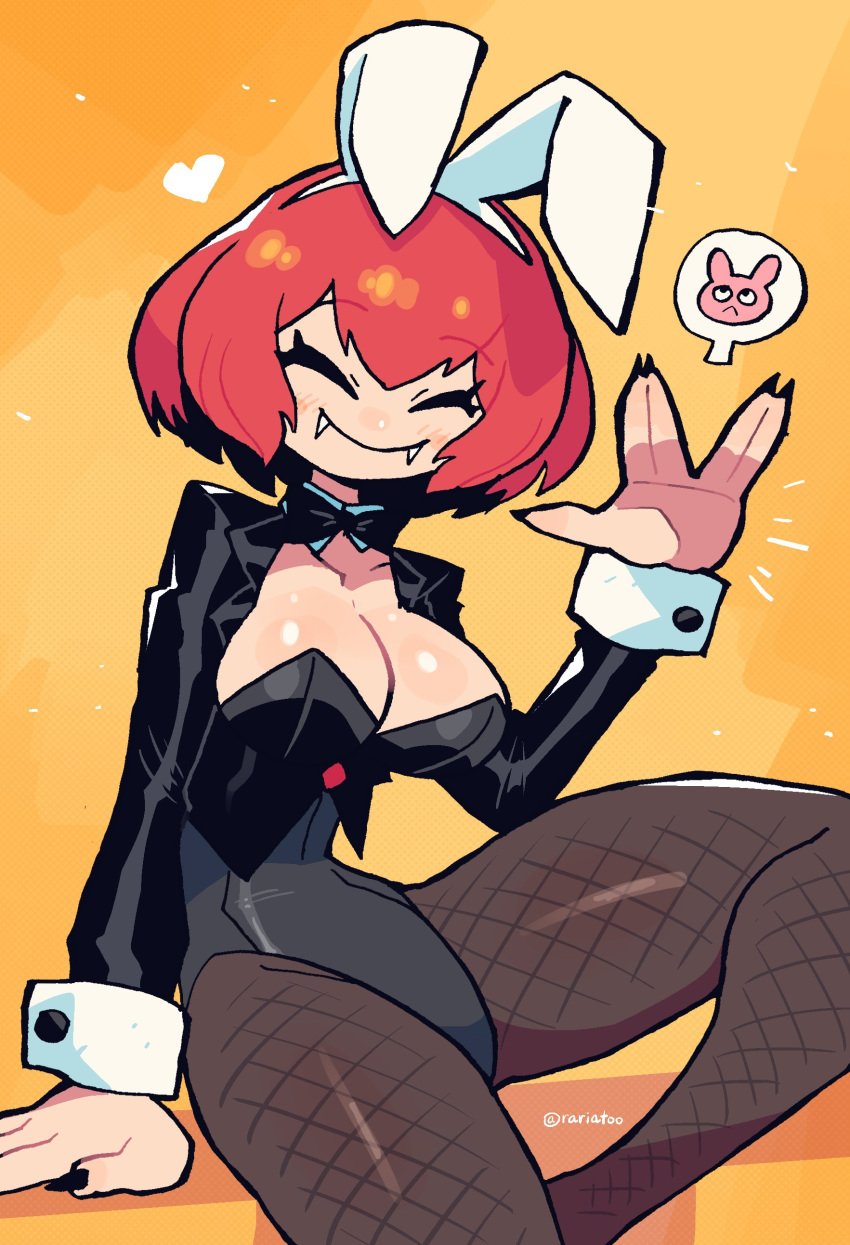 1girls black_fingernails blush bunny_ears bunny_girl bunnysuit carla_carmilla_(crap-man) closed_eyes crap-man detached_collar fangs female female_only fishnet_pantyhose greeting hi_res looking_at_viewer medium_hair pantyhose rariatto_(ganguri) red_hair sharp_fingernails smiling smiling_at_viewer solo solo_female thick_thighs v_sign vampire wrist_cuffs