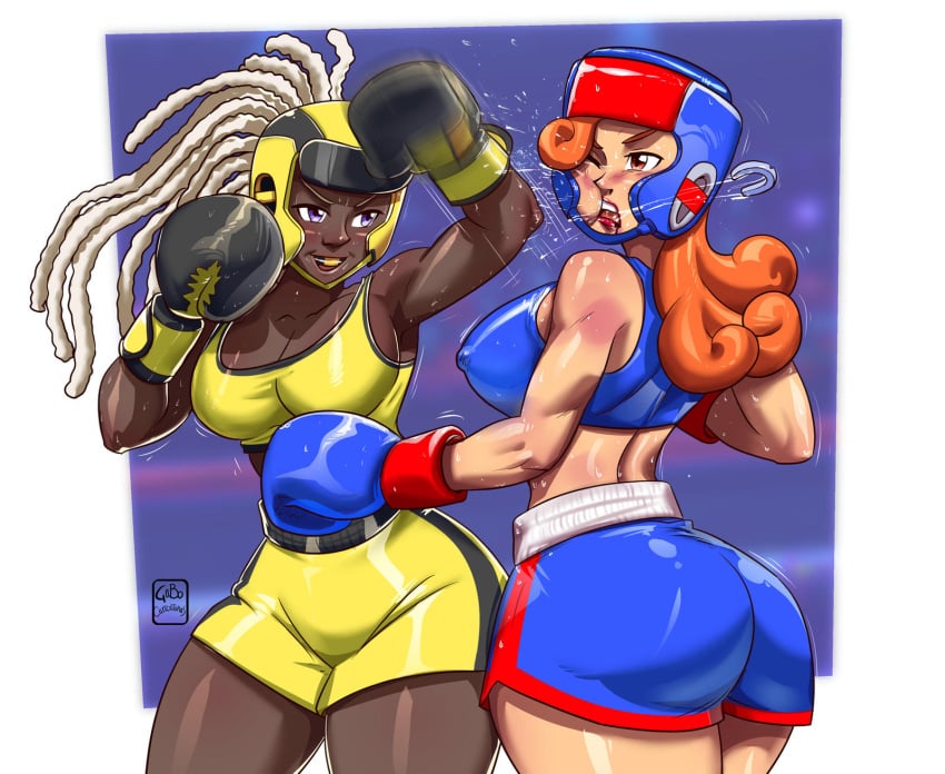 2girls aisha_(oc) ass athletic athletic_female back backboob big_breasts big_thighs black_boxing_gloves black_gloves blue_boxing_gloves blue_boxing_headgear blue_gloves blue_headgear blue_shorts blue_sports_bra boxing boxing_gloves boxing_headgear boxing_match boxing_shorts breasts britney_aruki bruises busty butt catfight cheek_punch cleavage curvaceous curvy dark-skinned_female dark_skin eyelashes eyes female fight fighter fit fit_female fitness gabocaricaturas gloves hair headgear hips huge_breasts large_breasts light-skinned_female light_skin lips lipstick long_hair midriff mouthguard muscles muscular muscular_female nipple_bulge one_eye_closed orange_hair original punch purple_eyes red_eyes red_lipstick shorts sports_bra thick thick_ass thick_butt thick_hips thick_legs thick_thighs thighs toned toned_body toned_female uppercut voluptuous wide_hips yellow_boxing_headgear yellow_headgear yellow_shorts yellow_sports_bra