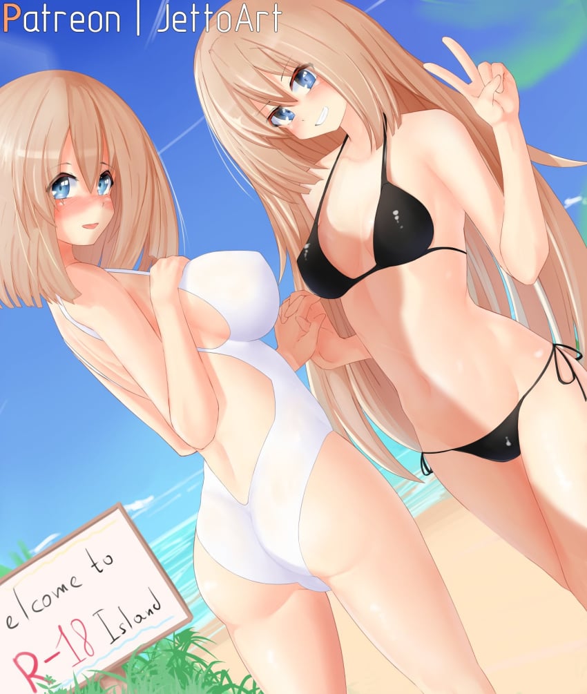 2girls ass beach big_ass big_breasts bikini black_bikini blue_eyes brown_hair busty cleavage grin hand_holding holding_hands interlocked_fingers large_breasts legs long_hair multiple_girls navel neptunia_(series) ocean one-piece_swimsuit ram_(neptunia) rom_(neptunia) sideboob sisters smile thighs v voluptuous water white_swimsuit