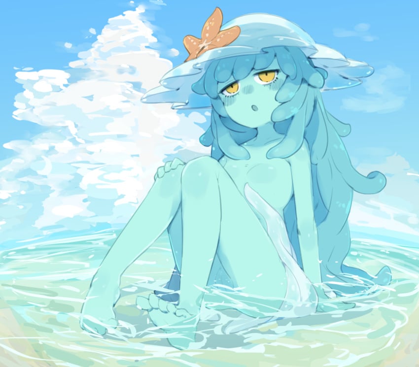 1girls beach blue_hair blush hat long_hair nude open_mouth original outdoors outside sitting slime slime_girl solo unarsite yellow_eyes