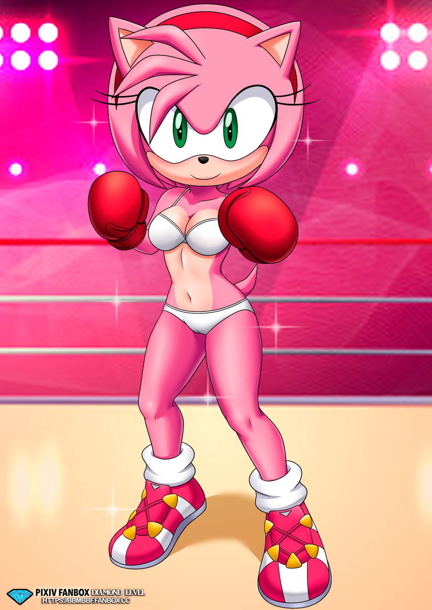 1girls amy_rose anthro anthro_only bbmbbf bikini boxing boxing_gloves boxing_ring boxing_stance bra breasts cameltoe cleavage clothing curvy diamond_level female female_only gloves green_eyes hairband looking_at_viewer mobius_unleashed palcomix panties pietros_secret_club pink_fur pink_hair pink_shoes red_boxing_gloves red_gloves red_hairband sega shoes small_breasts solo sonic_(series) sonic_the_hedgehog_(series) tail thick thick_hips thick_thighs thighs underwear_only white_bikini white_bra white_panties wide_hips