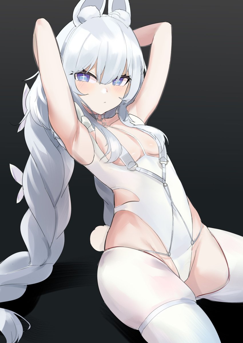 1girls armpits arms_behind_head azur_lane blue_eyes blush bunny_ears bunny_tail bunnysuit covered_nipples female female_only le_malin_(azur_lane) le_malin_(listless_lapin)_(azur_lane) looking_at_viewer qianshui_baodan revealing_clothes shoalwaterbomb simple_background small_breasts solo solo_female solo_focus thick_thighs white_hair white_legwear