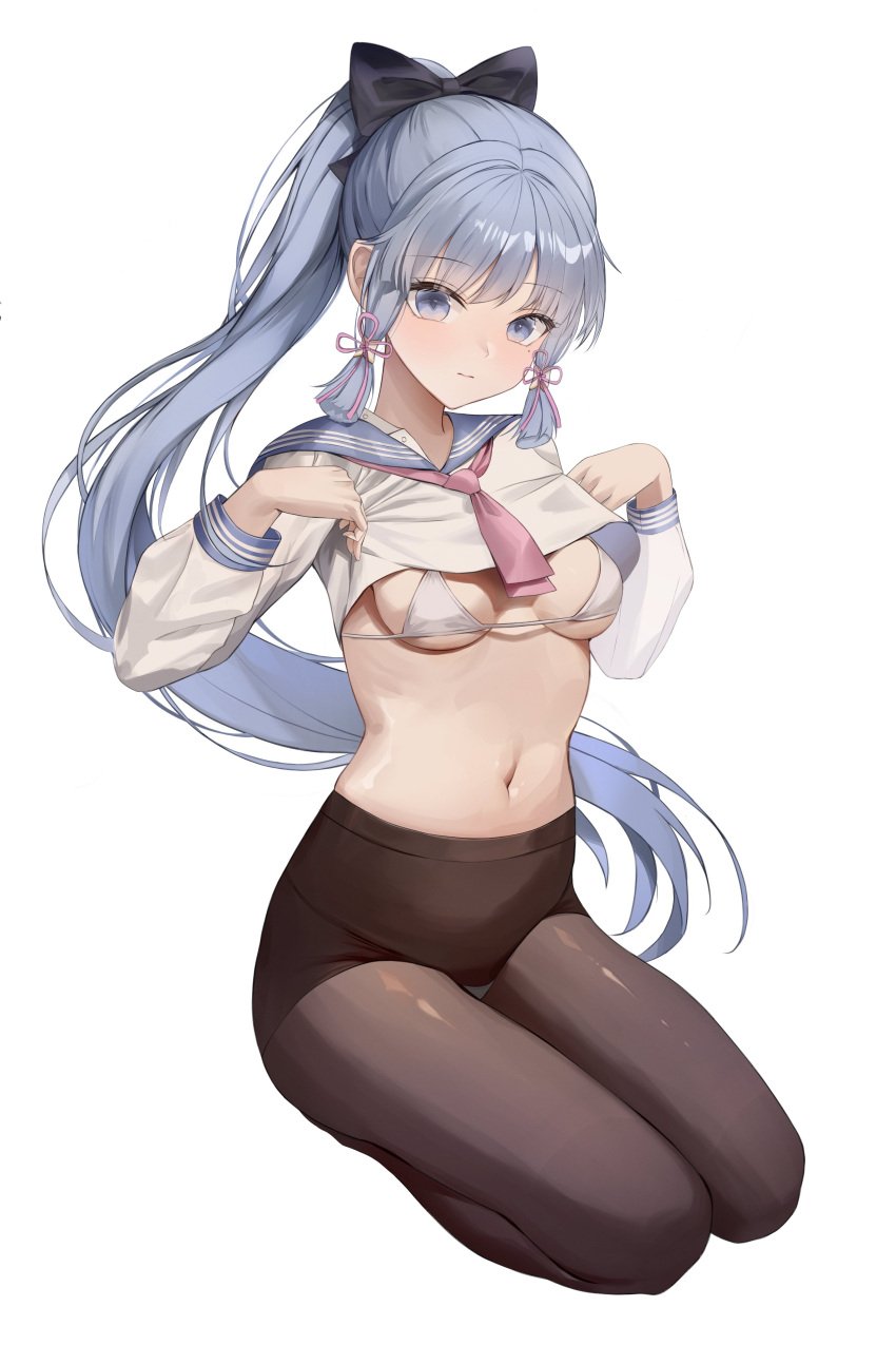 belly belly_button big_breasts blue_eyes breasts genshin_impact hamong kamisato_ayaka large_breasts lifting_shirt pantyhose samurai school_uniform schoolgirl shirt_up silver_hair thick thick_thighs thighs tummy white_hair