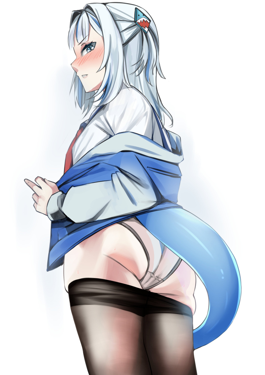 1girls absurd_res ass blue_eyes blue_highlights blush embarrassed female female_only gawr_gura hololive hololive_english hololive_myth hoodie long_hair looking_at_viewer middle_finger panties pantyhose pantyhose_down rain_prophet shark_tail shirt solo solo_female tail virtual_youtuber white_background white_hair