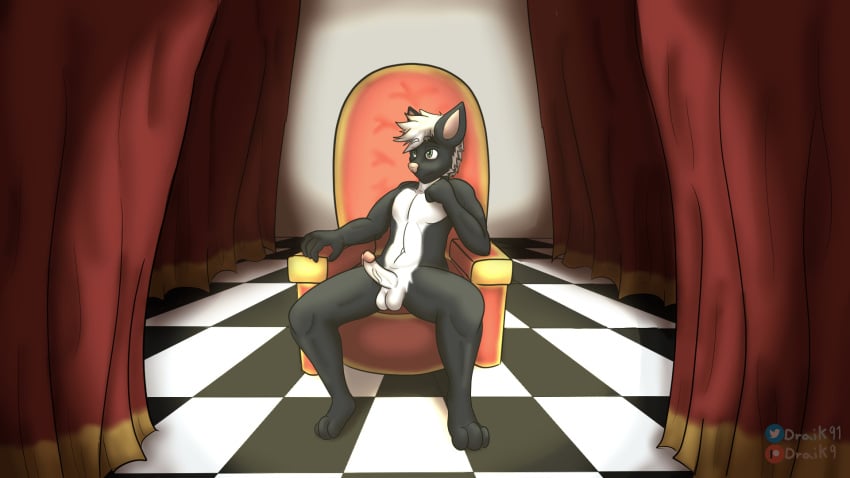 anthro balls bored bored_expression canid canine canis chair curtains draik erection fur furniture genitals hi_res male male_focus male_only mammal nude penis shaded simple_background sitting solo throne throne_room wolf