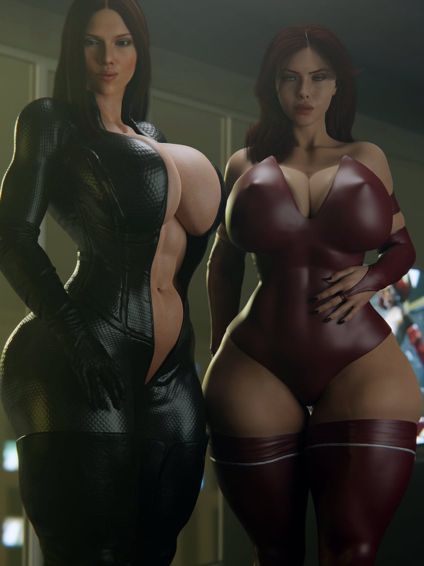 2girls 3d abs athletic athletic_female avengers big_breasts black_widow_(marvel) bodysuit breasts_bigger_than_head busty cleavage curvy doublejeckylll female female_focus female_only green_eyes hair hourglass_figure huge_breasts human human_only large_breasts legs light-skinned_female light_skin lips marvel marvel_cinematic_universe natasha_romanoff red_hair scarlet_witch scarlett_johansson spy superheroine thick thick_legs thick_thighs thighs toned toned_body toned_female top_heavy unzipped unzipped_bodysuit upper_body voluptuous waist wanda_maximoff wide_hips witch