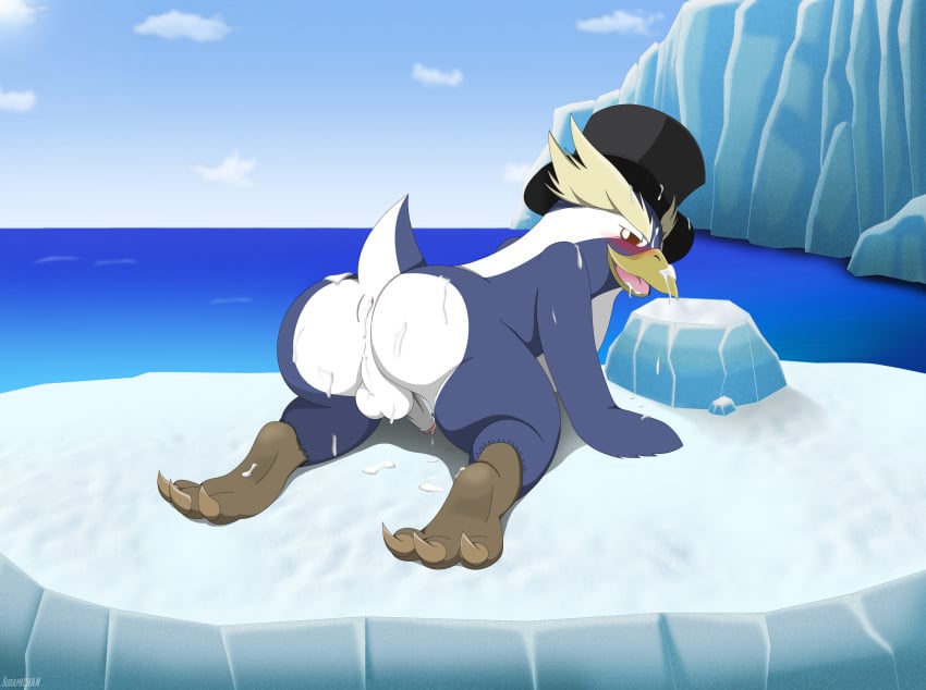 all_fours anthro anus ass avian balls beak bird blush bodily_fluids clothing cum cum_inside cum_on_face duel_monster eyebrows genital_fluids genitals hat headgear headwear hi_res kamikazetiger_(artist) leaking_anus leaking_cum looking_at_viewer male male_focus male_only nightmare_penguin open_beak open_mouth orange_eyes penguin penis presenting presenting_anus presenting_pussy pussy raised_tail solo talons thick_eyebrows tongue tongue_out top_hat yu-gi-oh!