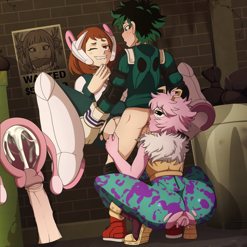 1boy 2girls anus balls black_sclera blush brown_eyes brown_hair cervical_penetration cum cum_in_pussy cum_inside fingering green_eyes green_hair hero_outfit_(mha) horns izuku_midoriya mina_ashido my_hero_academia ochako_uraraka one_eye_closed oral_from_another_during_sex penetration pink_body pink_hair pussy rimjob rimming rimming_during_penetration ripped_bodysuit ripped_clothing sex short_hair spiralart spread_legs straight straight_sex testicles threesome vaginal_penetration vaginal_sex x-ray yellow_eyes