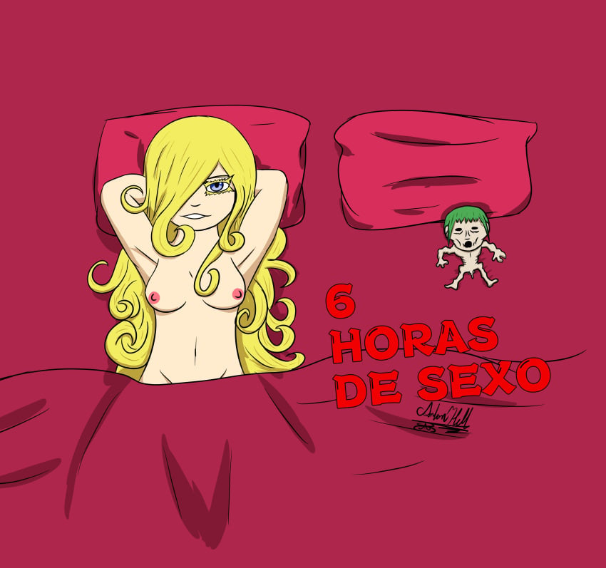 1boy 1girls 6_hours_of_sex after_sex blonde_hair blue_eyes breasts_out canon_couple completely_nude death_by_snoo_snoo death_by_snu_snu female femdom hair_over_one_eye husband_and_wife in_bed lyza_(made_in_abyss) made_in_abyss male malesub meme nude on_back on_bed smile spanish_text straight torka