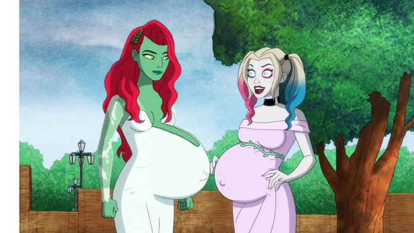 2d 2girls batman_(series) belly big_belly big_breasts breasts dc_comics edit female green-skinned_female green_skin harley_quinn harley_quinn_(series) jtng23 multiple_pregnancies pamela_isley poison_ivy pregnant screenshot_edit sideboob