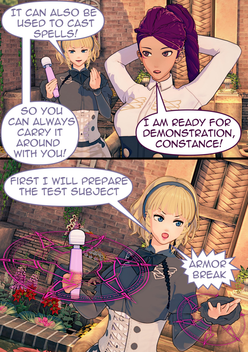 3d 4girls arms_behind_head bangs blonde_hair blue_eyes braid braided_ponytail breasts brown_eyes byleth_(fire_emblem) byleth_(fire_emblem)_(female) clothes_removed comic constance_von_nuvelle dark-skinned_female dark_skin edelgard_von_hresvelg english_text exhibitionism female female_only fire_emblem fire_emblem:_three_houses garreg_mach_monastery_uniform humiliation large_breasts long_hair magic magic_circle multiple_girls nintendo open_mouth outdoors petra_macneary ponytail pose public public_nudity purple_hair sex_toy short_hair testicles vibrator yumi_(artist) yuri