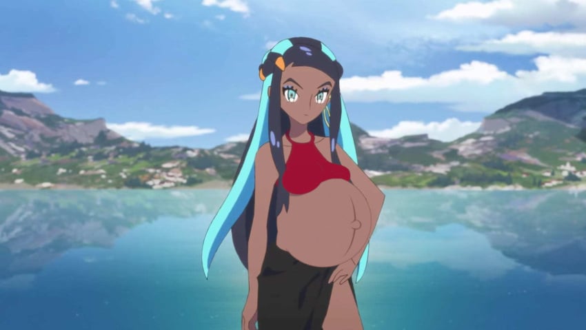 1girls belly big_belly big_breasts breasts dark-skinned_female dark_skin edit female gym_leader morphtothetop nessa_(pokemon) nintendo pokemon pokemon_ss pregnant screenshot_edit