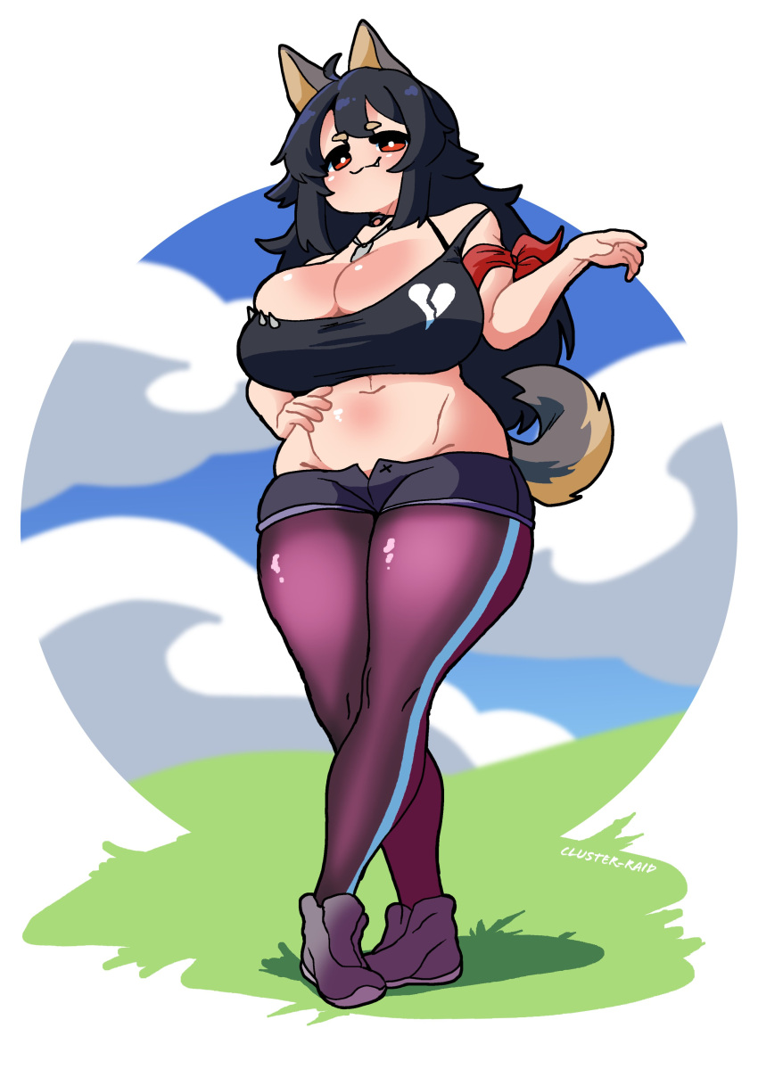 1girls animal_ears big_breasts black_hair breasts female itz_clusterraid looking_at_viewer red_eyes tagme thick_thighs