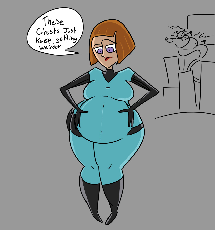 1girls belly big_belly big_breasts bodysuit breasts danny_phantom dialogue female madeline_fenton mature_female milf mother pregnant red_hair skintight solo_female text thick_thighs weightcomicguy wide_hips