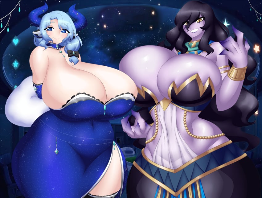 2girls big_breasts cow_girl cow_horns horns huge_breasts hyper_breasts indie_virtual_youtuber kailyn lamia light-skinned_female light_skin looking_at_viewer miilkywayz milf monster_girl multiple_girls purple-skinned_female purple_skin thick_thighs vexoria_the_sun_eater virtual_youtuber wide_hips