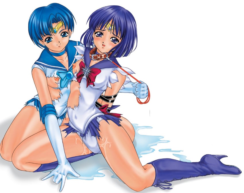 00s 2000 2000s 2girls ami_mizuno bishoujo_senshi_sailor_moon blue_eyes blue_hair bob_cut bondage boots bound bound_arms breasts choker circlet clothing collar earrings elbow_gloves female female_only femdom gloves high_heel_boots hotaru_tomoe jewelry kikusui knee_boots leash lezdom magical_girl multiple_girls nipples purple_hair pussy_juice sailor_mercury sailor_saturn sailor_senshi short_hair small_breasts straight_hair torn_clothes wet yuri