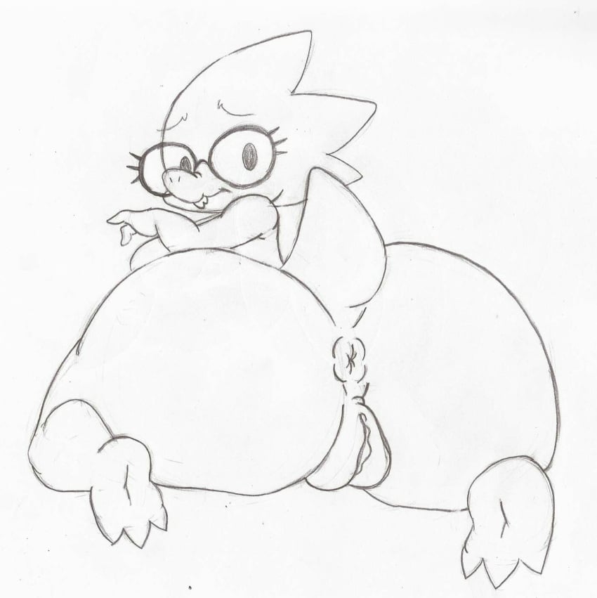 1girls 2d alphys anthro anthro_female anthro_only anus ass beady_eyes big_breasts big_butt breasts buckteeth butt_focus eyewear female female_only foreshortening genitals glasses hi_res humanoid humanoid_female humanoid_only kneeling lizard lizard_girl lizard_humanoid looking_at_viewer looking_back non-mammal_breasts nude pussy rear_view reptile reptile_humanoid scalie shortstack solo team_pervy teeth thick_tail thick_thighs undertale undertale_(series) video_games wide_hips